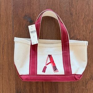 Anthropologie Cream Canvas Mini Tote with Red Trim and Sequin 'A'